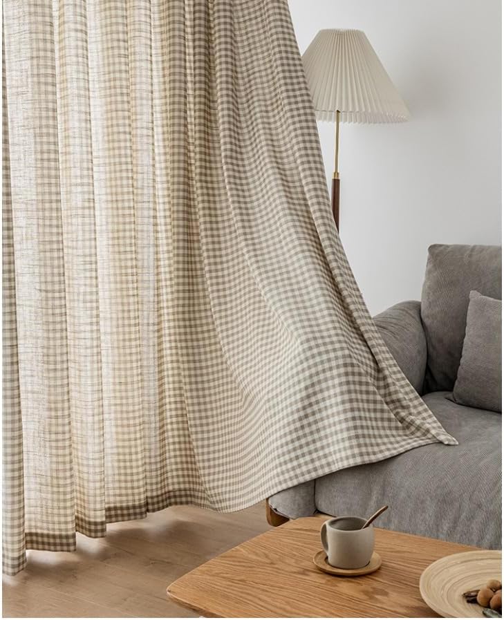 Brown Plaid Cotton Linen Light Filtering Curtains