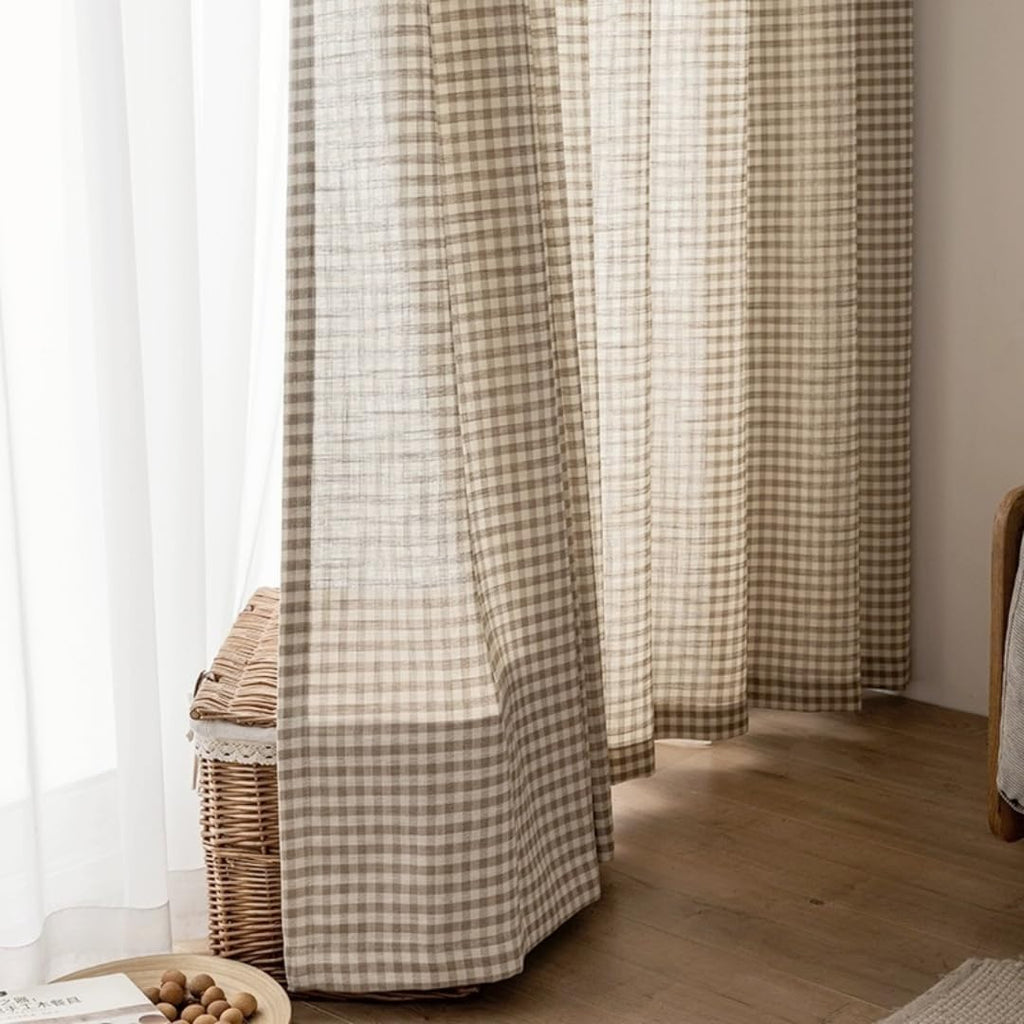 Gingham Cotton Linen Light Blocking Curtains