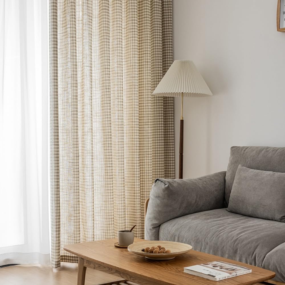 Brown Plaid Cotton Linen Light Filtering Curtains