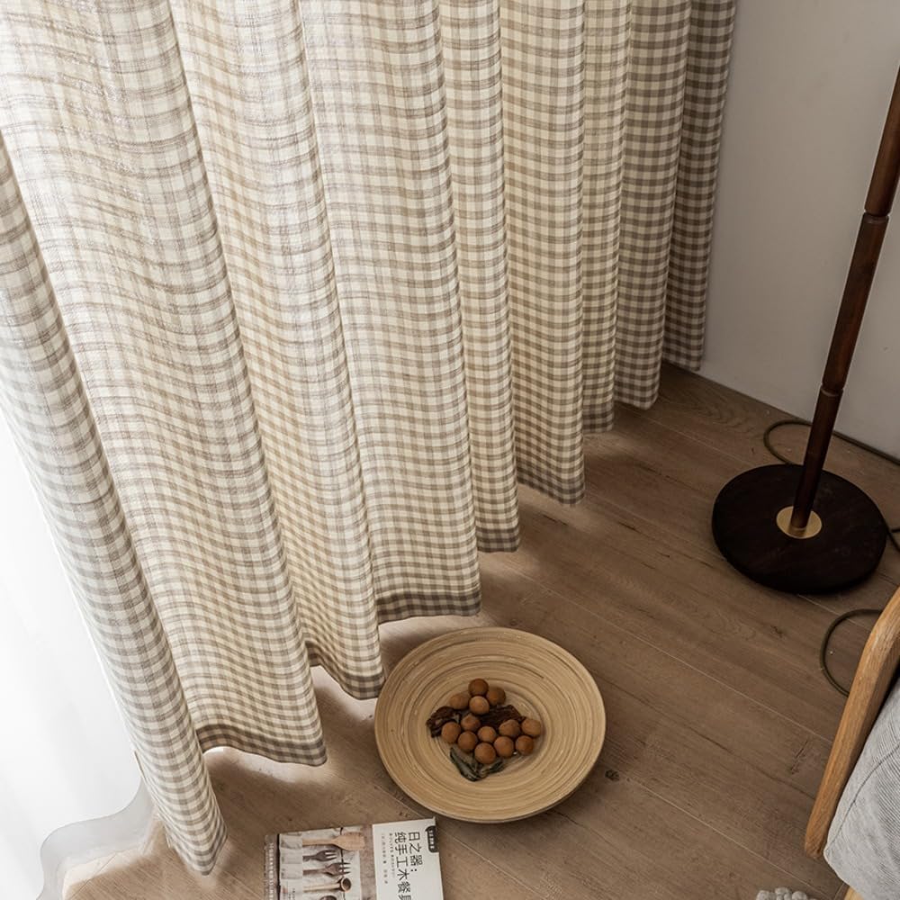 Brown Plaid Cotton Linen Light Filtering Curtains