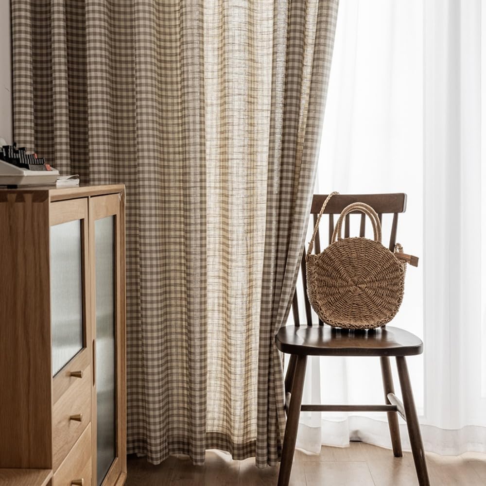Brown Plaid Cotton Linen Light Filtering Curtains