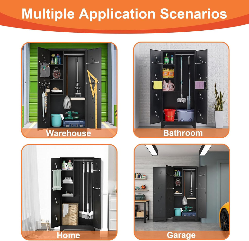 Metal Garage Broom Storage Cabinet