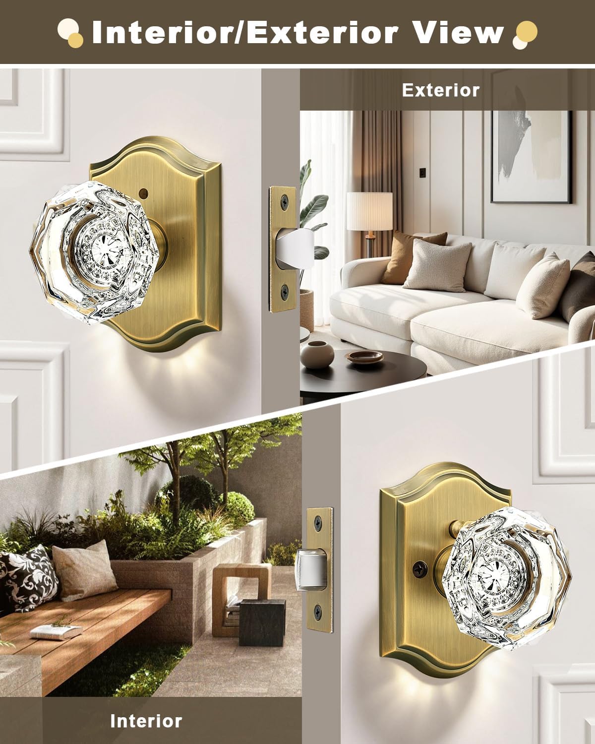 Antique Brass Crystal Privacy Door Knob Lock Sets