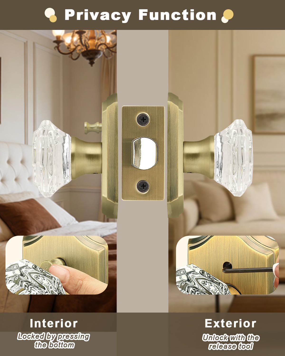 Antique Brass Crystal Privacy Door Knob Lock Sets