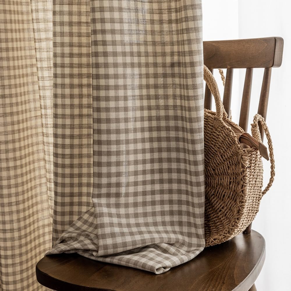 Brown Plaid Cotton Linen Light Filtering Curtains