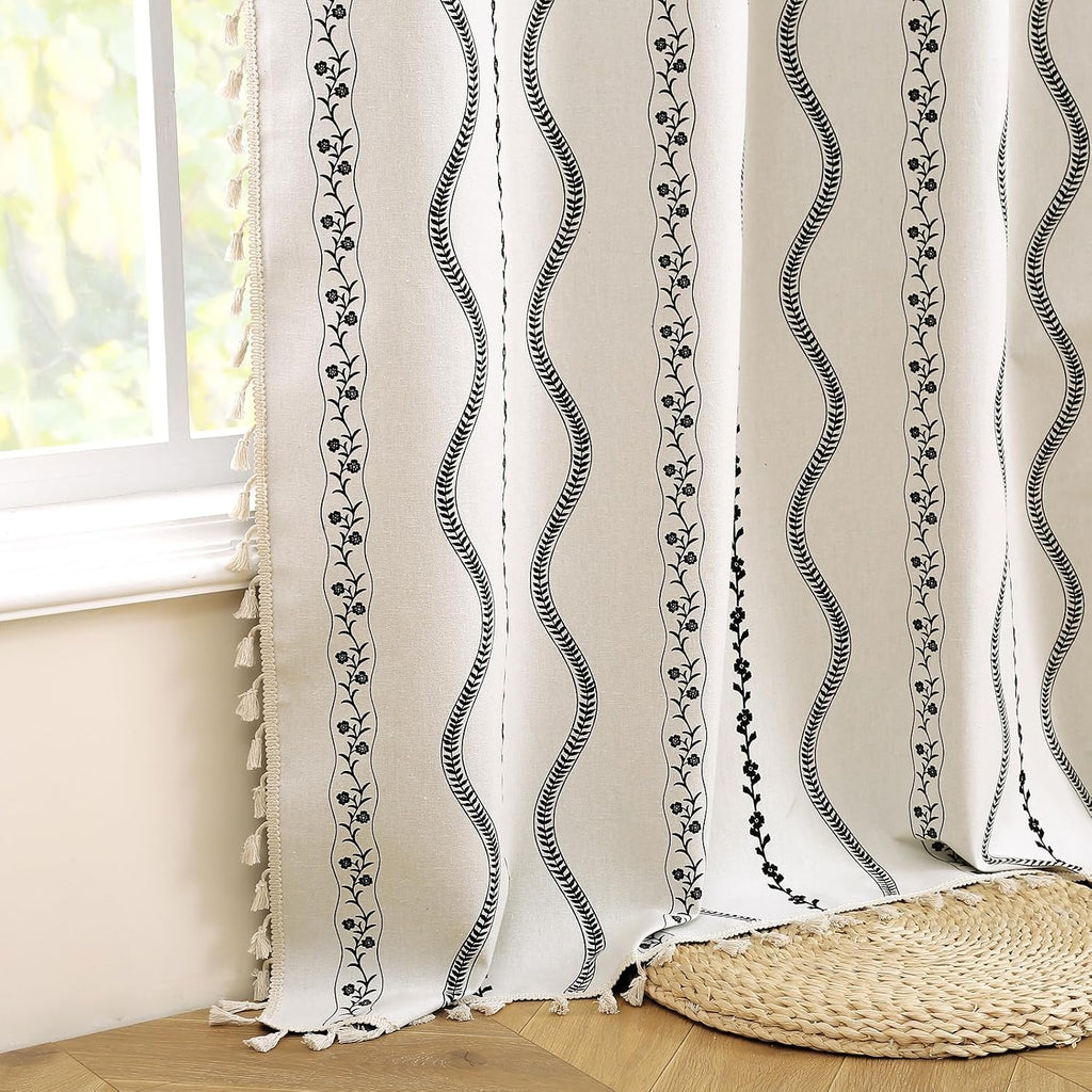 Black White Floral Blackout Sliding Door Curtains
