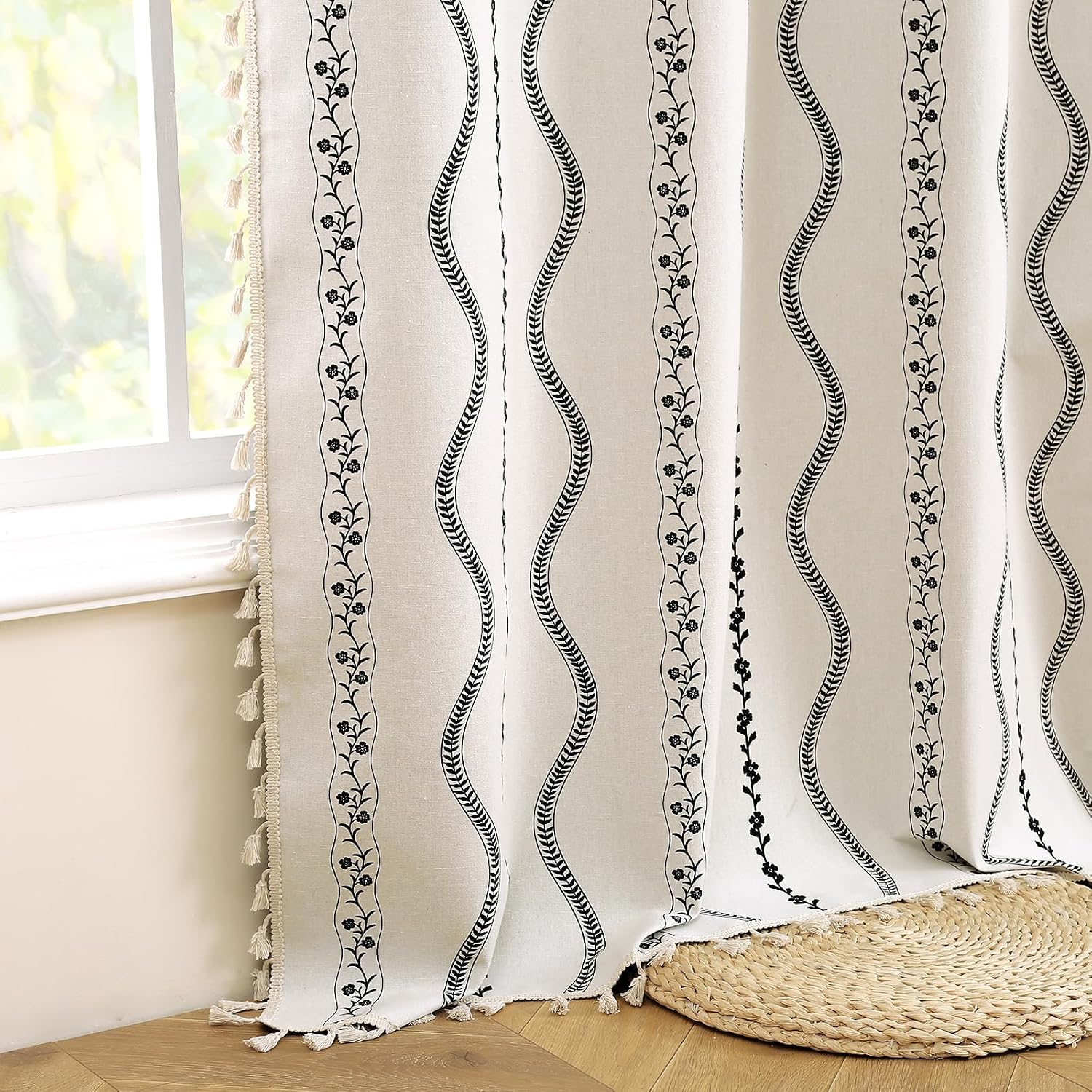 Black White Floral Blackout Sliding Door Curtains