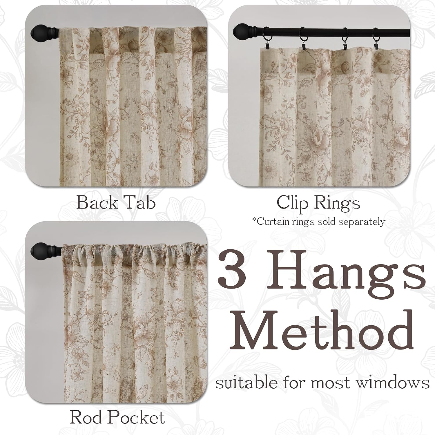 Floral Linen Farmhouse Window Curtains