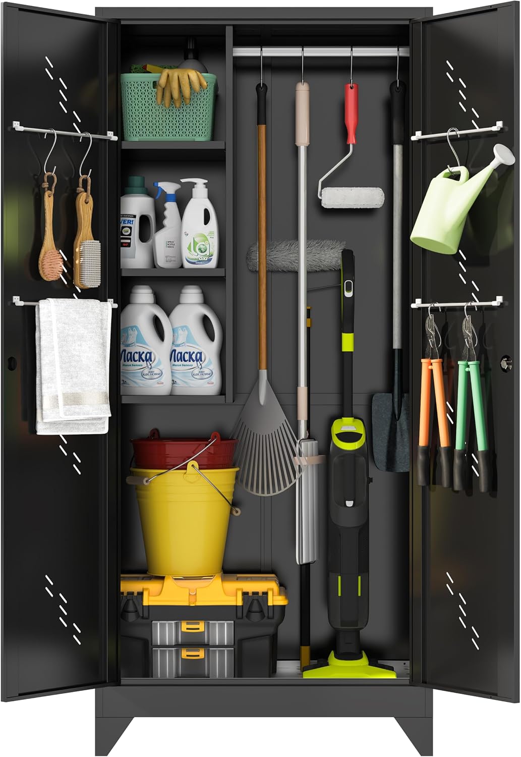 Metal Garage Broom Storage Cabinet