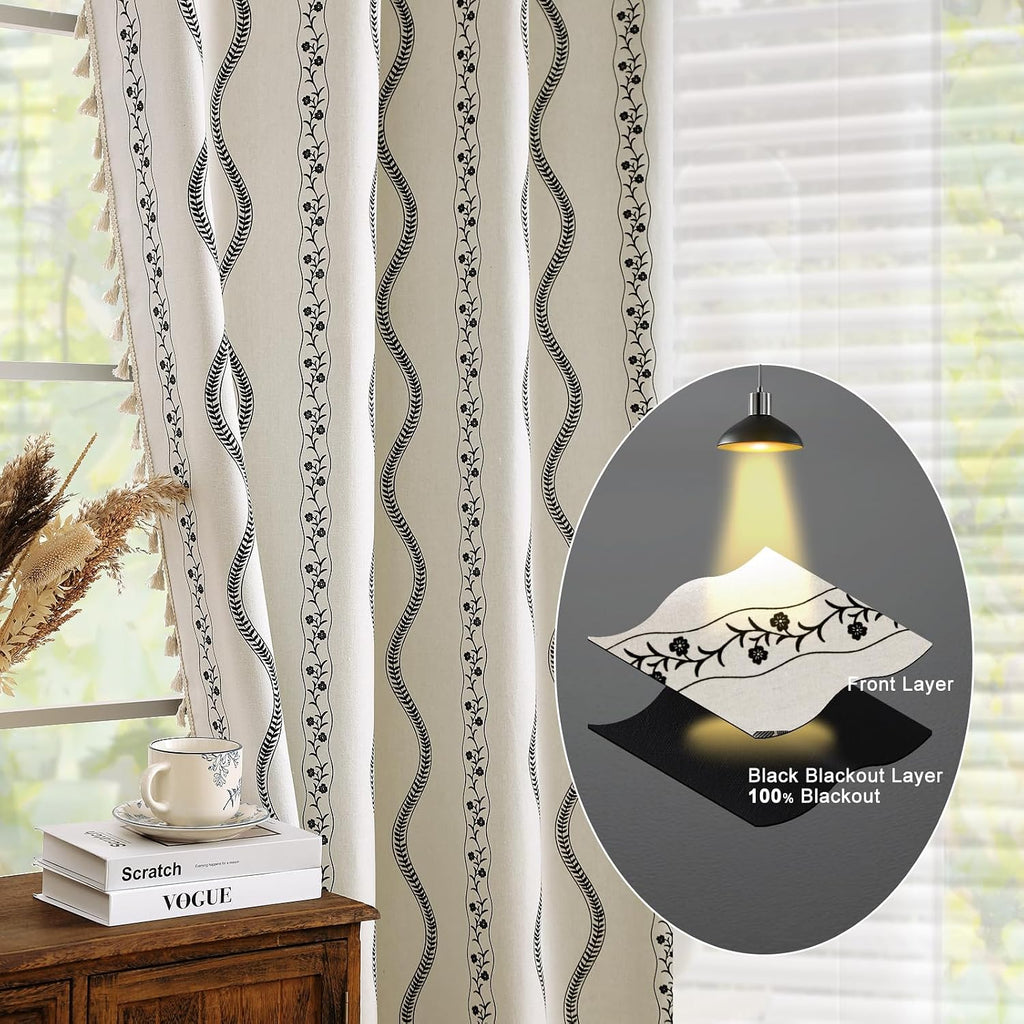 Black White Floral Blackout Sliding Door Curtains