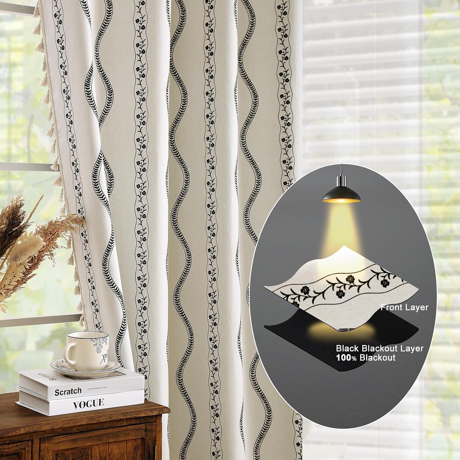 Black White Floral Blackout Sliding Door Curtains