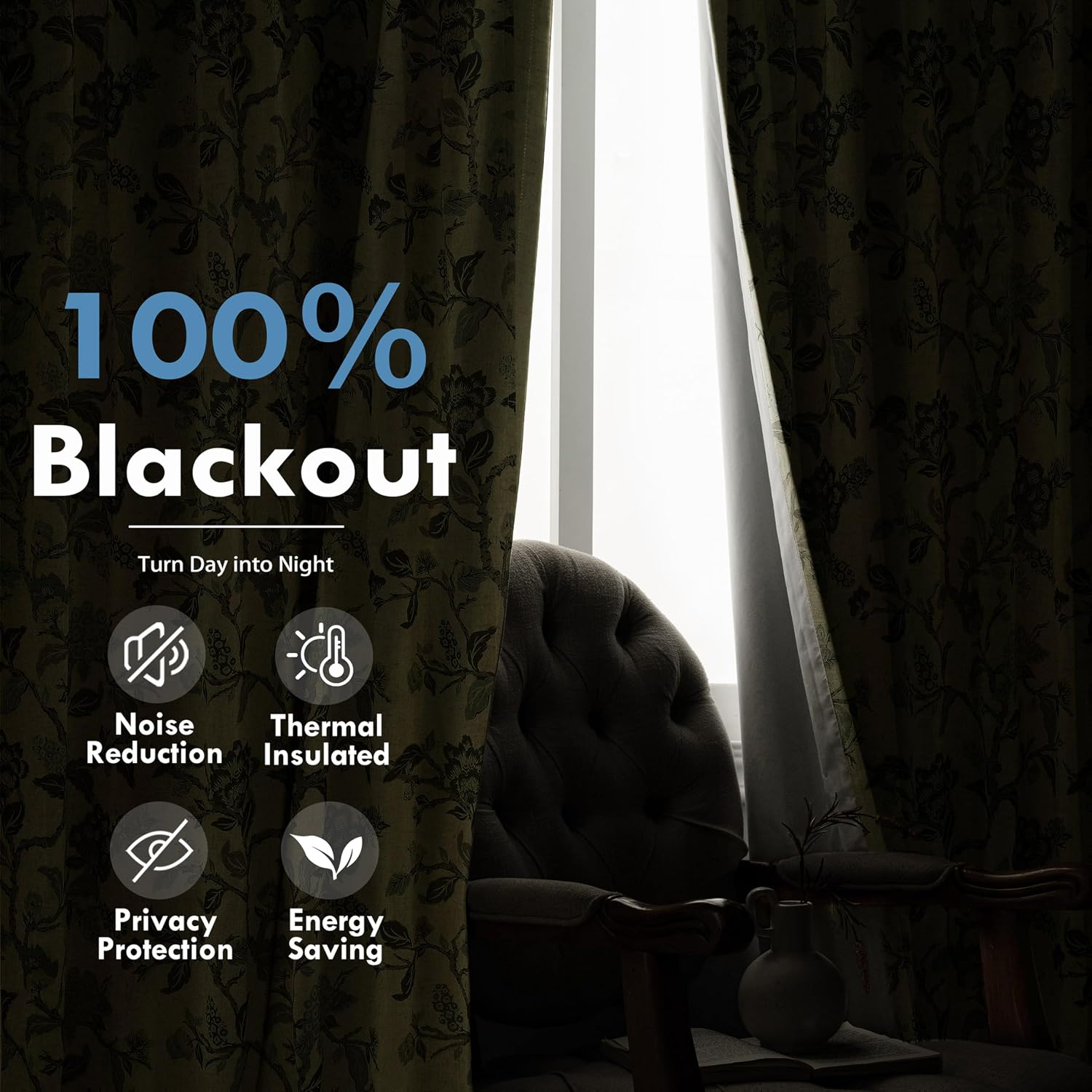 Floral Linen Blackout Window Curtains