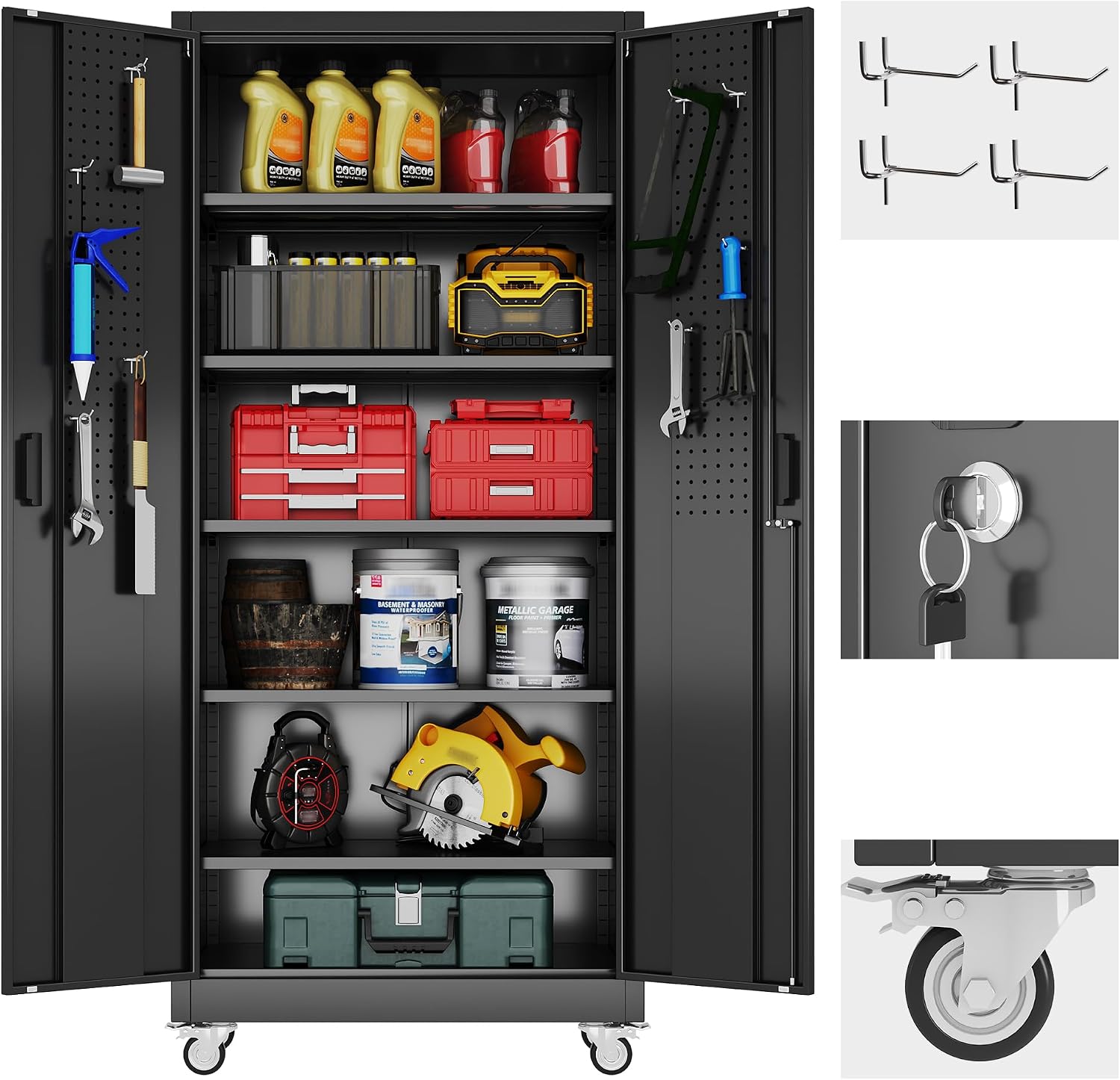 Rolling Pegboard Metal Garage Cabinet