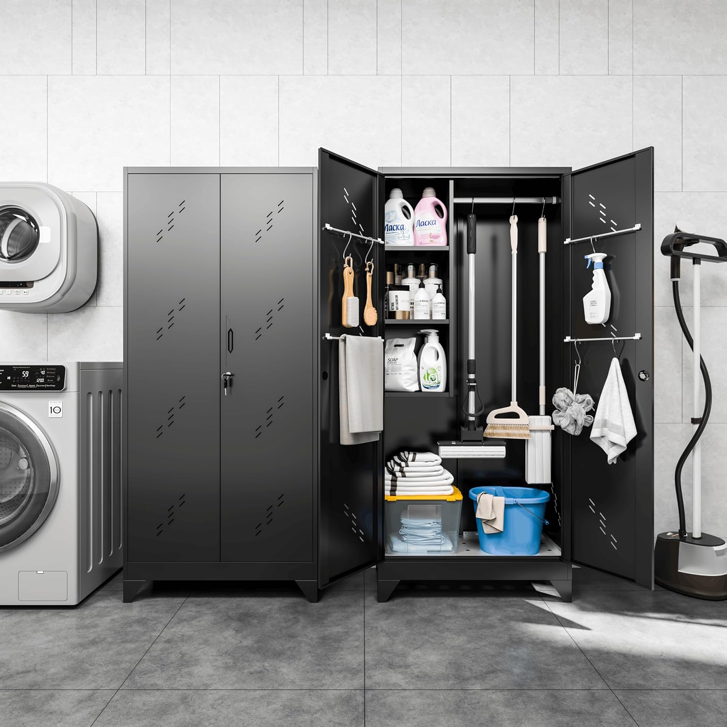 Metal Garage Broom Storage Cabinet