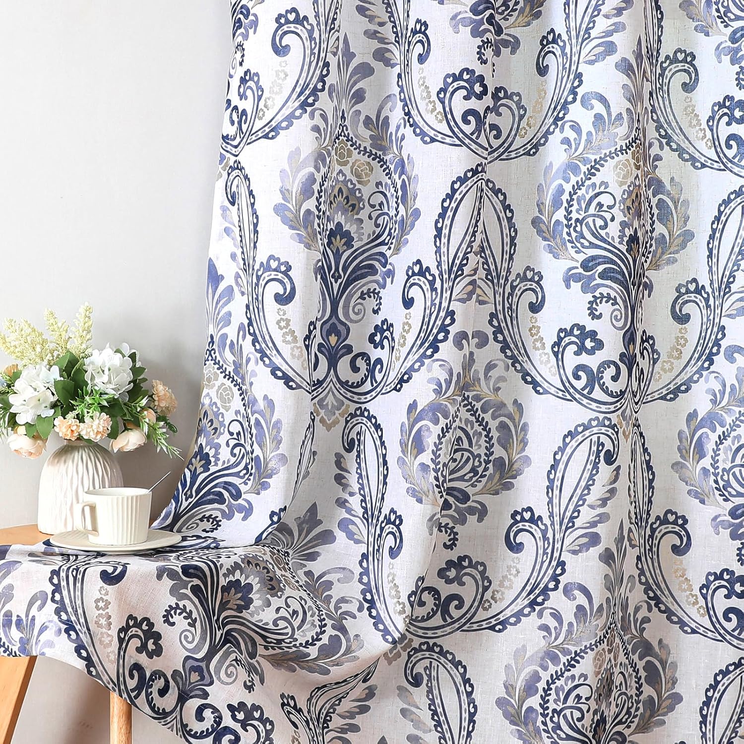Navy Floral Linen Sheer Curtains