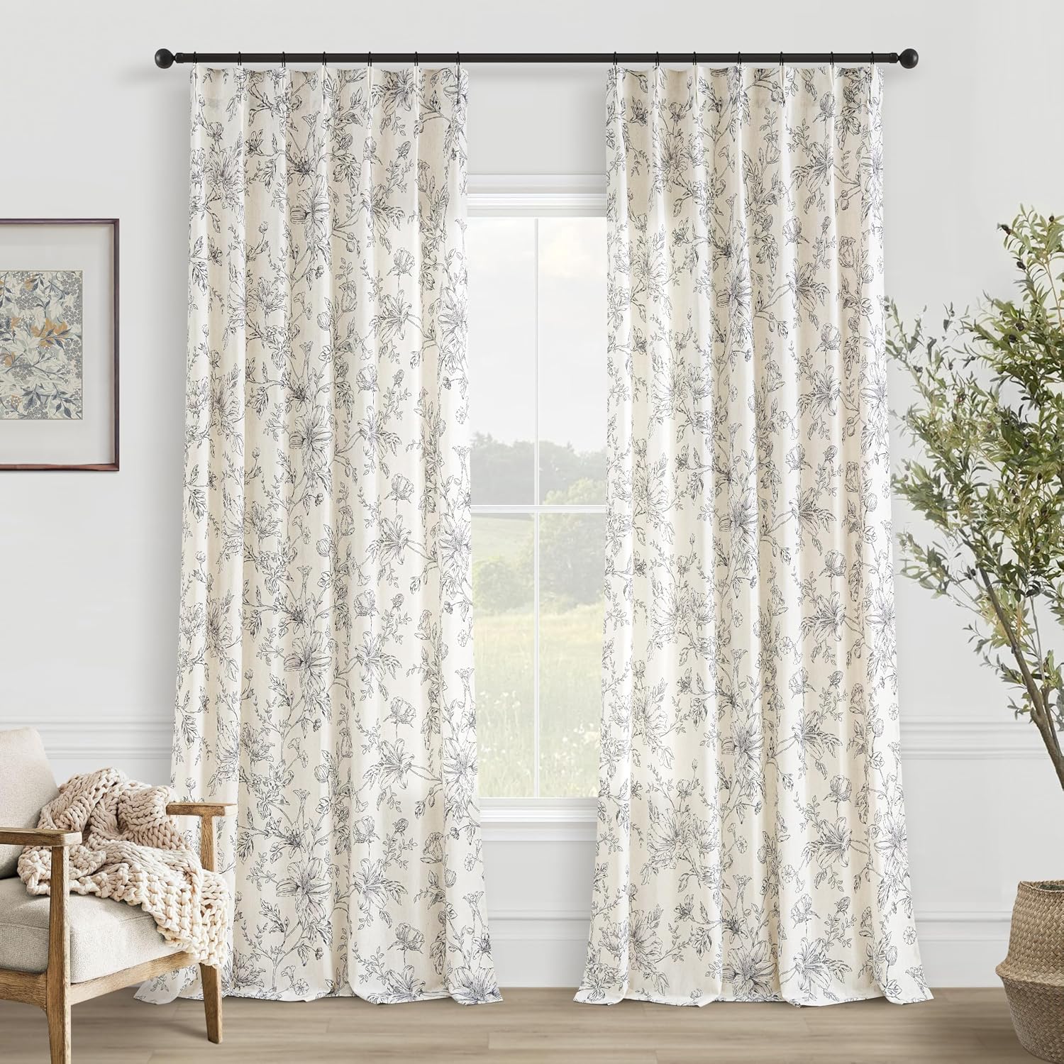 Vintage Floral Semi Sheer Linen Curtains