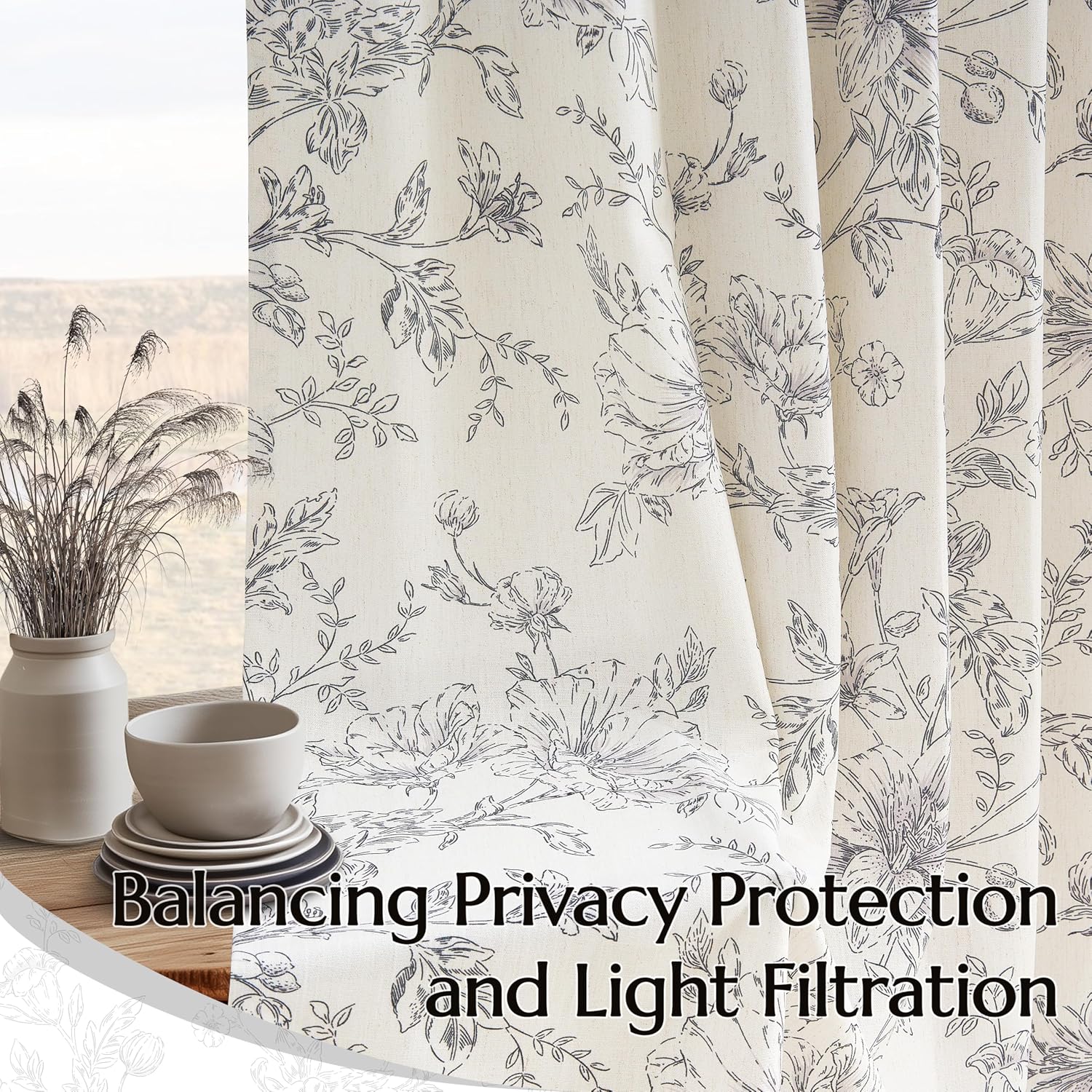 Vintage Floral Semi Sheer Linen Curtains