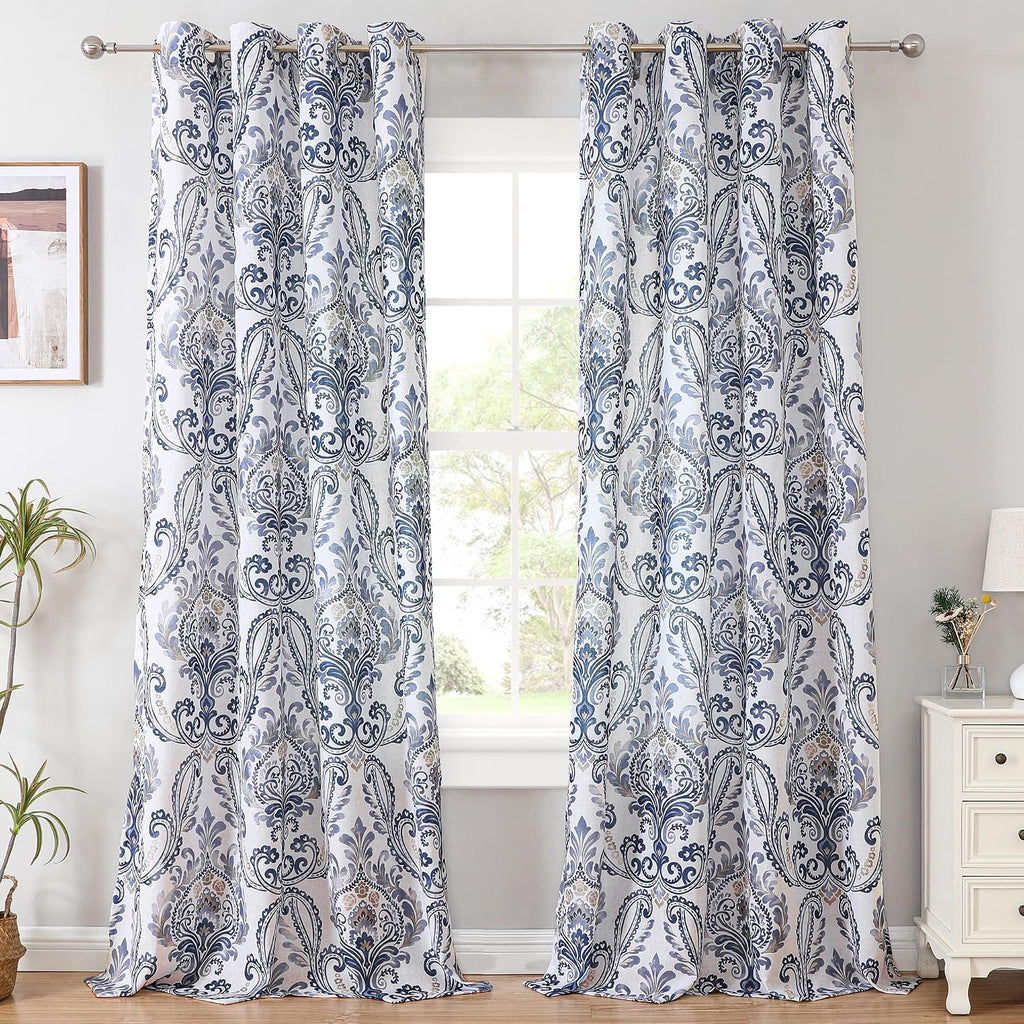 Navy Floral Linen Sheer Curtains