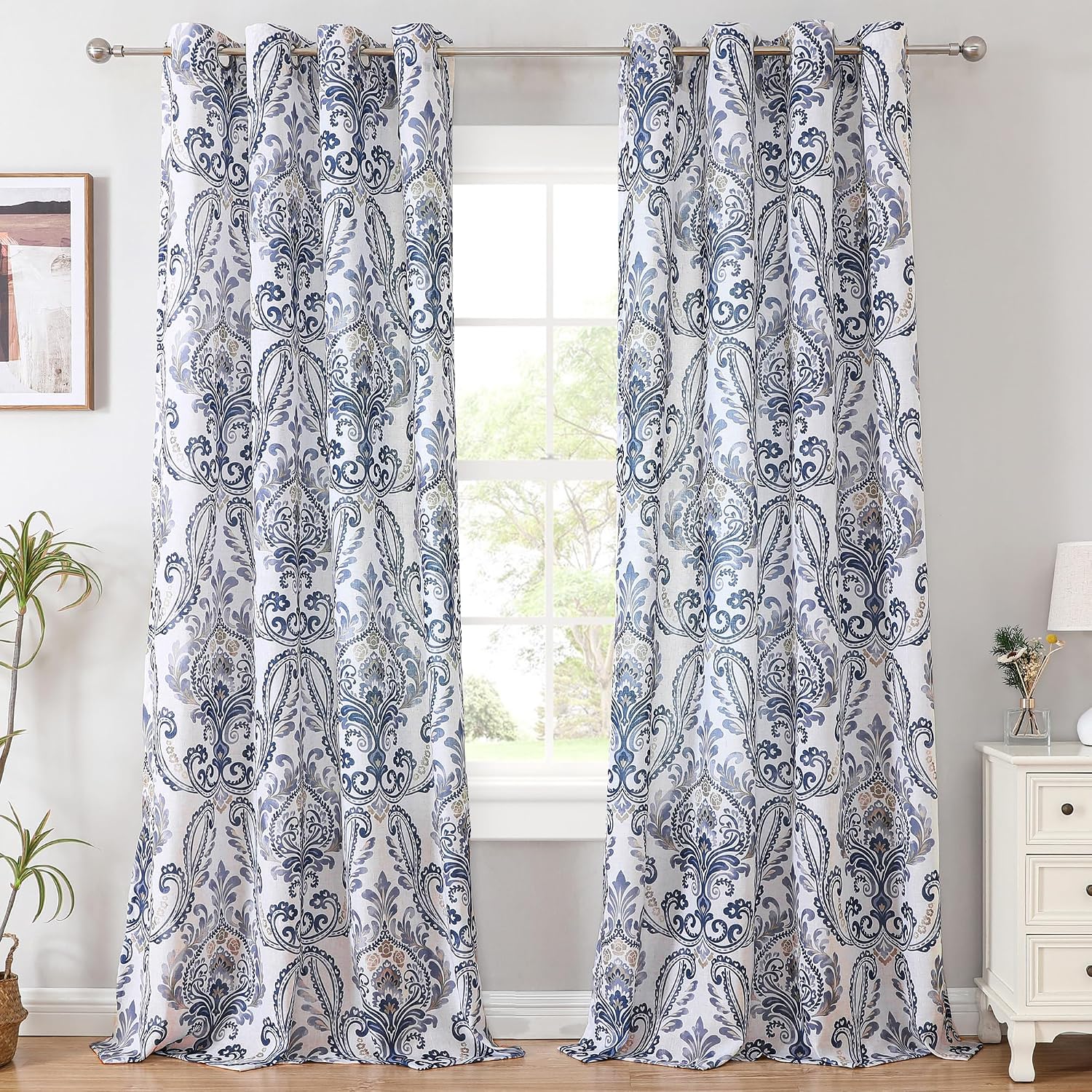 Navy Floral Linen Sheer Curtains