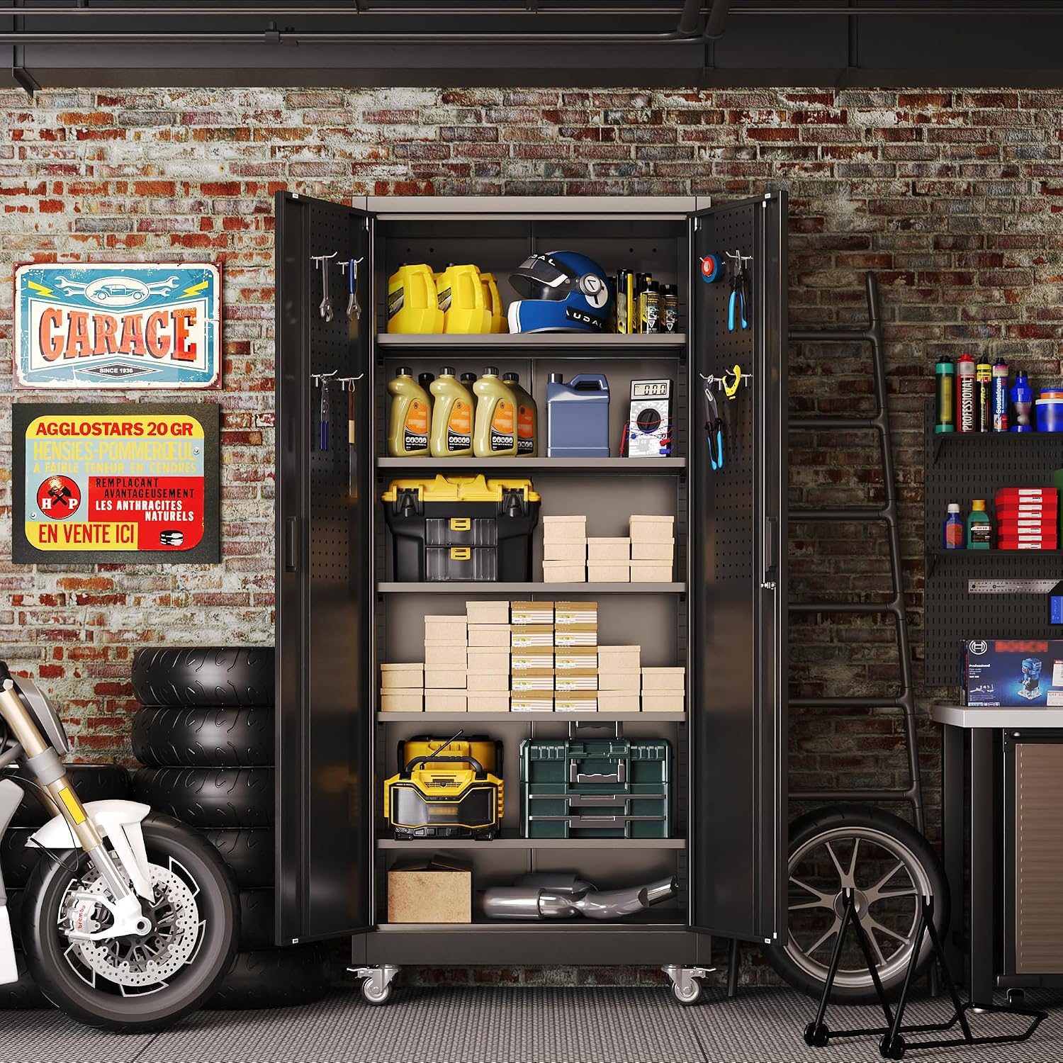 Rolling Pegboard Metal Garage Cabinet